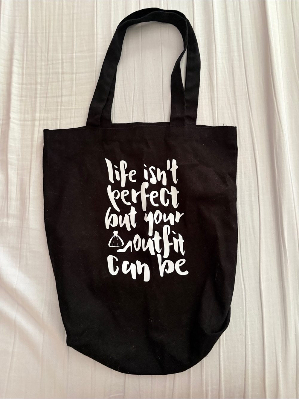 Black Tote Bag with White Script Graphic